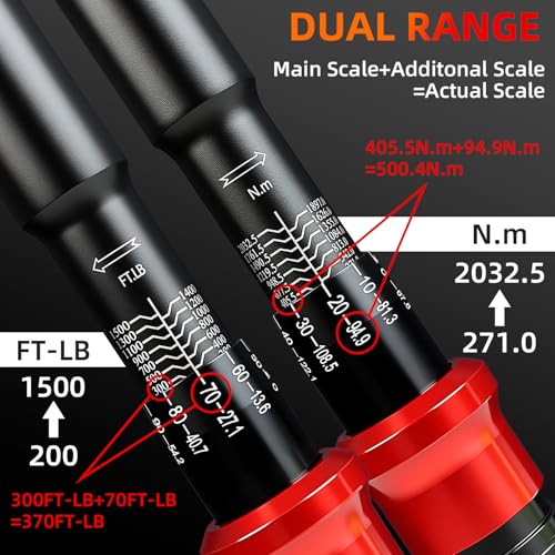 1-Inch Drive Torque Wrench 200-1500ft.lb/271.0-2032.5Nm | ±3% Precision Dual Direction Torque Wrenches with 24-Tooth Dual Range Scales with Ft.Lbs and N.m - size: 1" DR.『200-1500 FT.LB』