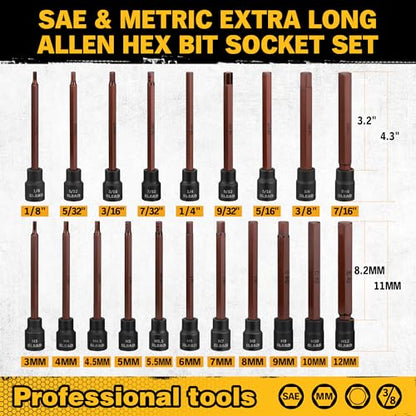 Extra-Long Allen Hex Bit Socket Set: 20-Piece 3/8 Inch Drive, 110mm S2 Steel, Standard SAE & Metric (1/8-Inch - 7/16-Inch, 3-12mm) for Impact Drills and Ratchet Wrenches - style: 110mm Allen Hex Bit Socket Set