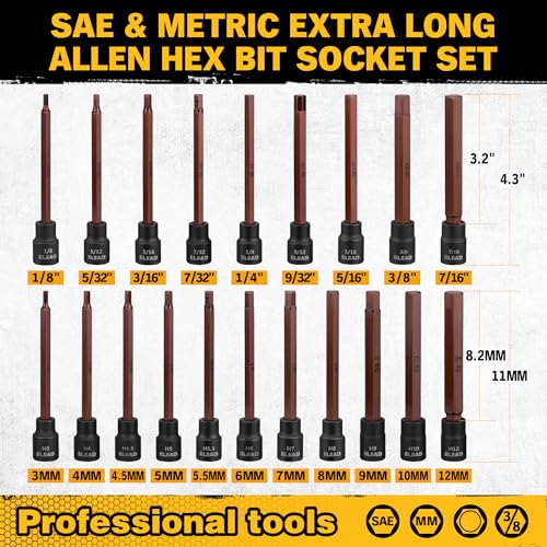 Extra-Long Allen Hex Bit Socket Set: 20-Piece 3/8 Inch Drive, 110mm S2 Steel, Standard SAE & Metric (1/8-Inch - 7/16-Inch, 3-12mm) for Impact Drills and Ratchet Wrenches - style: 110mm Allen Hex Bit Socket Set
