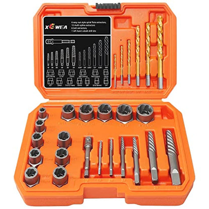 XEWEA 26PCS Screw & Bolt Socket Extractor with Left Drill Bit Set【with Hex Adapter】, Impact Easy Out Tools Stripped Screw Remover EZ Out Set for Damaged, Frozen, Rusted, Bolts, Nuts, Screws, Studs - size: 26PCS