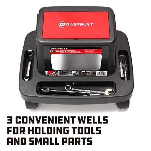 Powerbuilt Heavy Duty Injection Rolling Work Seat, Under-seat Storage Holds Tools, 3 Trays in Base Hold Tools and Small Parts, 350-pound Load Capacity - 620526