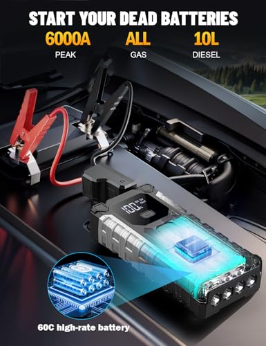 Sharmeal Car Jump Starter 6000A, Jump Starter Battery Pack for All Gas and 9.0L Diesel, 12V Portable Jump Box with LED Light - color: 6000A(60C Battery Enhanced Version)