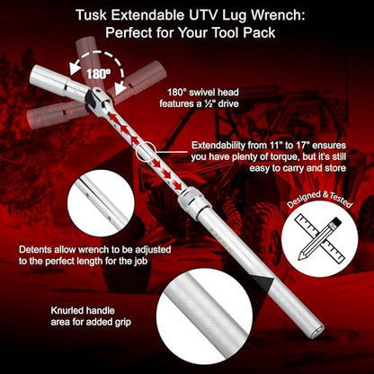 TUSK Extendable UTV Lug Wrench Kit – 11–17″ Telescoping ½″ Drive Swivel Head + Deep 14/17/19 mm Sockets, Knurled Grip, Chrome Steel Construction