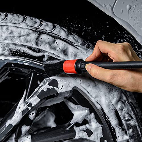 3 Pcs Soft Wheel Brushes for Cleaning Wheels Kit - 1x Synthetic Soft Car Wheel Rim Brush，1x Long Handle Cleaning Brush and 1x Car Detail Brush, Clean Dirty Wheel… - color: Red and Black