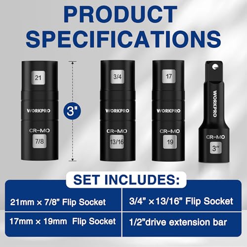 WORKPRO 4PCS Impact Socket Set 1/2" Drive, Lug Nut Socket Set, Wheel Socket Set Cr-Mo Steel, Includes 1PC 3" Extension Bar & 3PCS Flip Sockets of 6 Metric and SAE Sizes - size: 4pcs Flip Socket Set