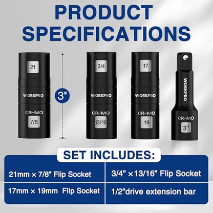 WORKPRO 4PCS Impact Socket Set 1/2" Drive, Lug Nut Socket Set, Wheel Socket Set Cr-Mo Steel, Includes 1PC 3" Extension Bar & 3PCS Flip Sockets of 6 Metric and SAE Sizes - size: 4pcs Flip Socket Set