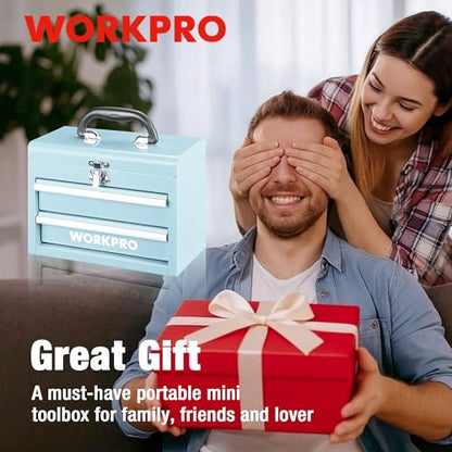 WORKPRO Portable Mini Tool Box, 2 Drawers Metal Tool Chest with Ball Bearing Slides, Top Storage with Latch, Ergonomic Carrying Handle, Mechanic Toolbox with PVC Liners and PP Feet Pads - color: Macaron Blue