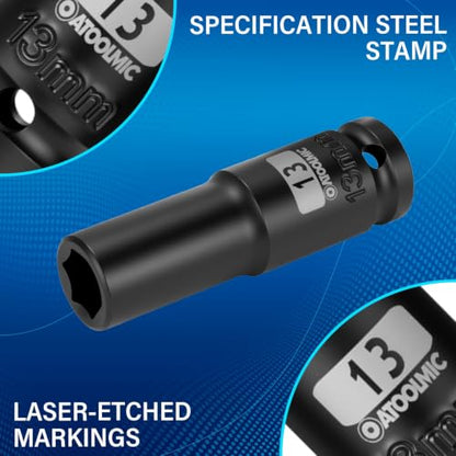 1/2 Inch Drive x 13mm Deep 6PT CR-MO Impact Socket for Removing Axle nut | Metric Socket,6-Point Radius Corner Design,Two Size Markings,Square Chamfered Opening,For Removal of Axle Nut - size: 13 mm, style: 1/2" Drive Deep Socket