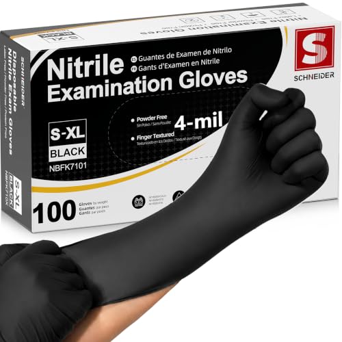Schneider Medical Nitrile Exam Gloves, 4 Mil Black Gloves Disposable Latex Free Powder Free, Food Safe for Cooking - size: Large, style: 100 Count(box of 100)