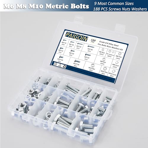188PCS Metric Nuts and Bolts Assortment Kit, M6 M8 M10 Grade 8.8 | Heavy Duty Hex Bolts,Hardware,Nuts with Flat/Lock Washers Assorted,Bolt and Nut Kit - size: Hex Bolts-M6 M8 M10-188PCS