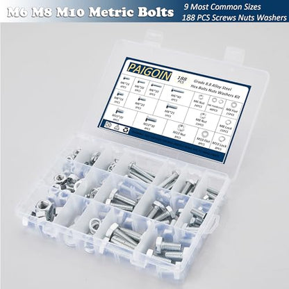 188PCS Metric Nuts and Bolts Assortment Kit, M6 M8 M10 Grade 8.8 | Heavy Duty Hex Bolts,Hardware,Nuts with Flat/Lock Washers Assorted,Bolt and Nut Kit - size: Hex Bolts-M6 M8 M10-188PCS