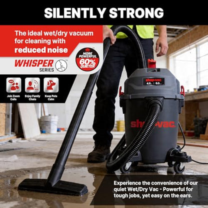 Shop-Vac 6 Gallon Ultra Quiet Shop Vacuum Wet and Dry, 4.5 Peak HP, 5430541 | Powerful Wet/Dry Vacuum with Attachments, 1-7/8 In. x 7 Ft Hose, 15 Ft Cord, Ideal for Jobsite, Garage, Workshop & Home