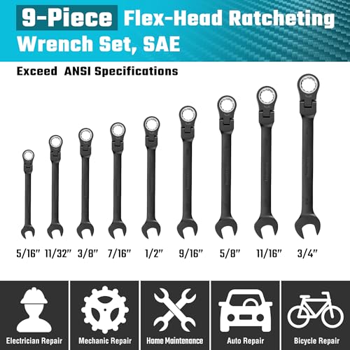 DURATECH 9-Piece Flex-Head Ratcheting Wrench Set, Combination Wrench Set, 72 Tooth, SAE, 5/16'' to 3/4'', Black Electrophoretic Coating, CR-V Steel, with Rolling Pouch - color: Black, size: 5/16 - 3/4 inch