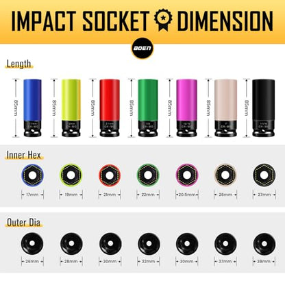 BOEN 1/2" Drive Impact Lug Nut Socket, 7 Pieces Non-Marring Wheel Protector Thin Wall Deep Socket Set, Metric 17 19 21 mm | SAE 13/16 7/8 1 1-1/16 inch, 6 Point Design, Color-Coded, CR-MO Steel - size: 7-Piece Metric/SAE