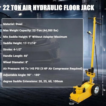 GarveeTech 22 Ton Air Hydraulic Floor Jack for Heavy Duty Trucks & Tractors – Low Profile (9"-17.7"), 4 Adapters, 46" Adjustable Handle – 44,000 Lbs Capacity - color: 22 Ton Yellow