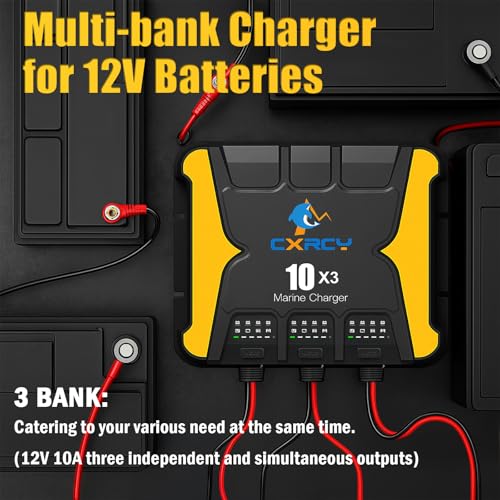 3 Bank Battery Charger 12V, 30A (10A/Bank) onboard Charger, Waterproof Marine Charger, Battery Maintainer & Desulfator for SLA/AGM, Lithium (LiFePO4), Calcium & Deep-Cycle Battery - Charged 24/7