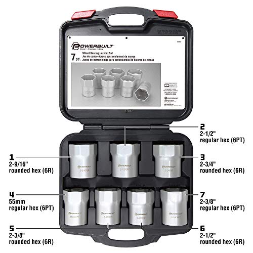 Powerbuilt Wheel Bearing Locknut Socket Set, 7 Piece Remover Tool Kit, Rounded and Regular Hex, Wheel Bearing Tools, Storage Case - 648642, Silver - style: Wheel Bearing Locknut Socket Set