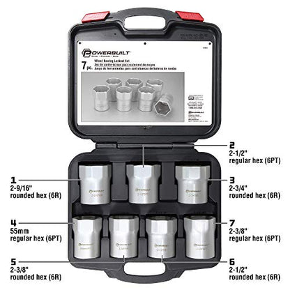 Powerbuilt Wheel Bearing Locknut Socket Set, 7 Piece Remover Tool Kit, Rounded and Regular Hex, Wheel Bearing Tools, Storage Case - 648642, Silver - style: Wheel Bearing Locknut Socket Set