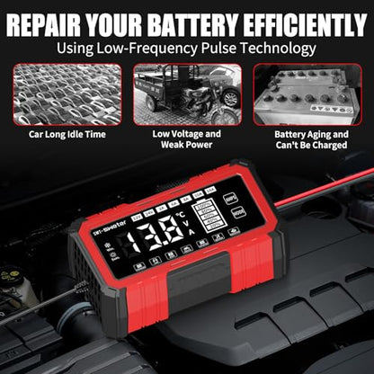 SWTsweter 16A Smart Car Battery Charger,12V/24V Maintainer & Desulfator with 200s Booster Mode - Compatible with 12.6V Lithium-Ion, LiFePO4, AGM, Gel, Lead-Acid for Truck, Motorcycle, RV, Lawn Mower