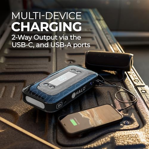 HALO Bolt Air+ 1750 Portable Car Battery Jump Starter | 130 PSI Air Compressor, 59.9Wh USB Power Bank, Large Display, Emergency Floodlight & Charger, Jumps Cars SUVs & Trucks, Inflates Tires — Blue - color: Blue