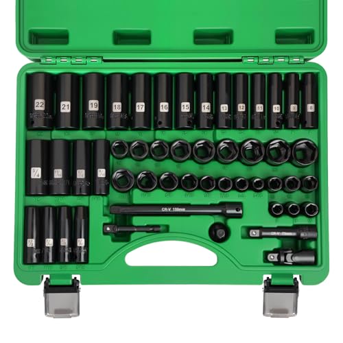 3/8" Drive Impact Socket Set, 50 Piece Standard SAE (5/16 to 3/4 inch) and Metric (8-22mm) 6 Point, Extension Bars, Impact Universal Joint, Adapter, Cr-V Steel