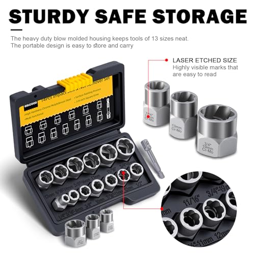Bolt Extractor Kit, 14 PCS Impact Bolt & Nut Remover Set with 3/8 Inch Adapter, Upgrade Stripped Bolt Extractor Socket Set with Portable Tool Box, Easy Out for Rusted, Damaged, Round Bolt Nuts Screws