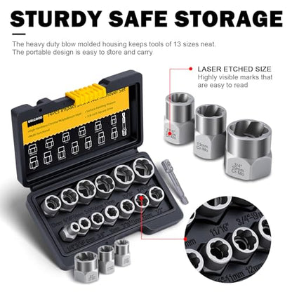 Bolt Extractor Kit, 14 PCS Impact Bolt & Nut Remover Set with 3/8 Inch Adapter, Upgrade Stripped Bolt Extractor Socket Set with Portable Tool Box, Easy Out for Rusted, Damaged, Round Bolt Nuts Screws