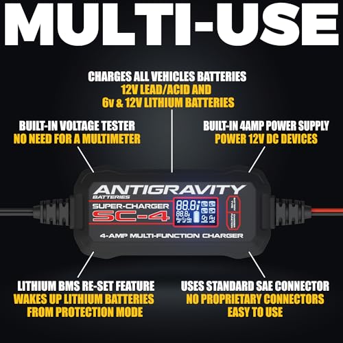 Antigravity SC-4 Super-Charger 4A Smart Battery Charger & Maintainer for 6V/12V Lithium (LiFePO4) & 12V Lead-Acid Batteries – Wall-Powered, LCD Display, Voltage Tester, BMS Reset