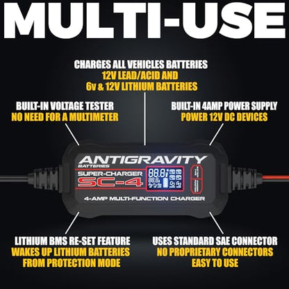 Antigravity SC-4 Super-Charger 4A Smart Battery Charger & Maintainer for 6V/12V Lithium (LiFePO4) & 12V Lead-Acid Batteries – Wall-Powered, LCD Display, Voltage Tester, BMS Reset