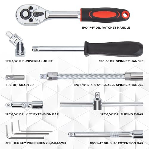 CARTMAN 46PCS 1/4 in Drive Socket Ratchet Wrench Tool Set with Bits&Case | auto repair, home maintenance, garage, DIY, metric sockets, ratchet wrench, bit socket set, extension bar, storage case - style: 46 Piece