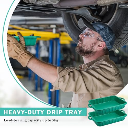 Baderke 2 Pcs 19.7 x 15.4 x 4 Inch Oil Drain Pans Green Oil Drip Tray Automotive Catch Pan 2 Gallon Square Green Container for Under Car to Keep Floor Clean