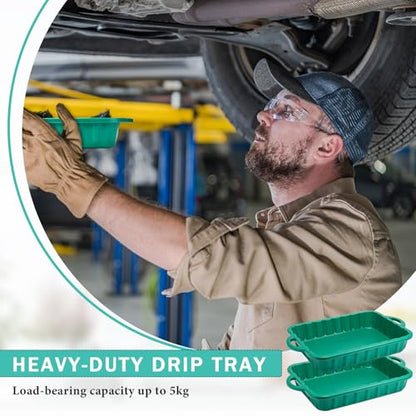 Baderke 2 Pcs 19.7 x 15.4 x 4 Inch Oil Drain Pans Green Oil Drip Tray Automotive Catch Pan 2 Gallon Square Green Container for Under Car to Keep Floor Clean