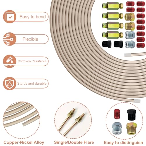 Genuine 3/16"ODx25FT Copper Nickel Brake Line Replacement Kit with 16 Nuts & 4 Unions/Connector – Non-Magnetic Copper Tubing with Fittings for Brake Systems, Easy to bend, Corrosion-Resistant