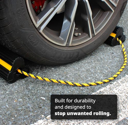 MAXXHAUL 51244 Solid Rubber Wheel Chock, 4 Pack, Heavy Duty with Nylon Rope, Yellow Reflective Tape, 7.8x4.1x3.9 Inch, for RV Trailer Truck Car