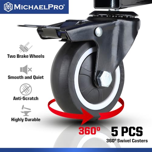 MichaelPro Rolling Mechanic Stool with 5 Removable Tool Trays for Storage, Pneumatic Garage Shop Chair with 350 lb Capacity, Adjustable Height, Padded Swivel Shop Stool with Wheels, Brakes, Backrest