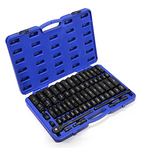 Stark USA 1/2" Drive Master Impact Socket Set, 65 Piece, Standard SAE (3/8"-1-1/4") & Metric (10-24 mm) Sizes, Deep & Shallow Kit, Includes Adapters & Ratchet Handle - style: 65pcs SAE/Metric Impact Socket Set
