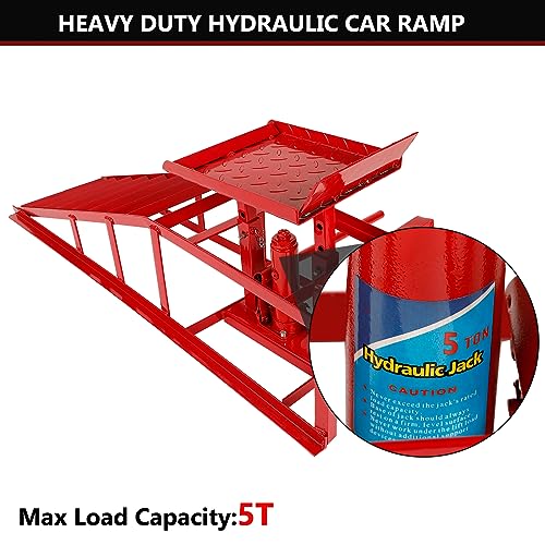 2-Pack 5 Ton Low Profile Hydraulic Car Ramps with Built-in Jack, Adjustable Vehicle Lift Service Ramps, 9.8" to 15" Height Range, Heavy Duty Steel Ramps for Oil Changes, SUVs & Light Trucks - color: Red