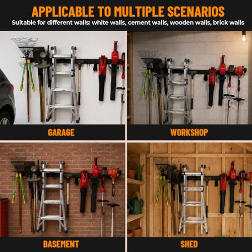 66" Heavy Duty Garage Tool Organizer Wall Mount, Steel Garage Storage Rack Holds up to 900 lbs with Adjustable Hooks, Wall Mounted Tool Organizer for Garage, Shed & Yard, 4 Panels, 10 Hooks & 2 Straps - size: 66"|4 Panels+10 Hooks+2 Straps