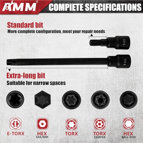 AMM 107PCS Allen and Torx bit socket set, 1/4", 3/8" and 1/2" Drive,Extra long torx/Tamper proof torx/Hex/Ball End Hex,SAE/Metric socket set, S2 Alloy steel bits
