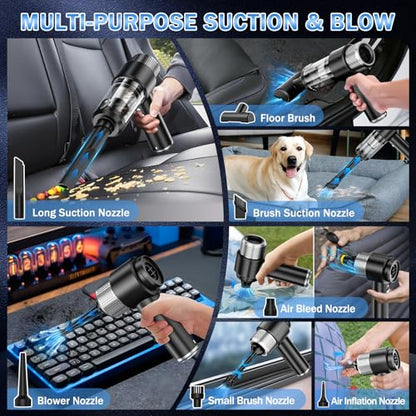 KMM Handheld Car Vacuum Cleaner, Hand Held Vacuum Cleaner & Air Duster | 16000PA Strong Suction, 120W High Power, Portable & Rechargeable, LED Light, Multi-Nozzles for Home, Car, Office, Pet - color: Black & Silver