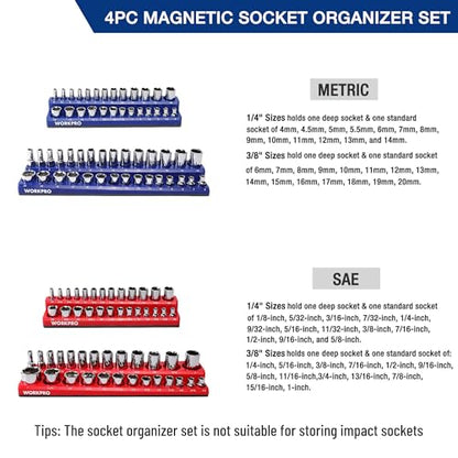 WORKPRO Magnetic Socket Organizer Set, 4-Piece Socket Holder Set Includes 1/4", 3/8" Drive Metric & SAE Socket Trays, Holds 108 Pieces Standard and Deep Size Sockets (Sockets not Included) | 1/4", 3/8", Drive Socket Trays, Holds 108-Piece Sockets, Suitabl