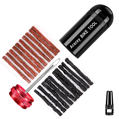 Tubeless Bike Tire Repair Kit for MTB and Road Bicycle Tires, Combined Ream, Portable Capsule Appearance – Fix a Puncture or Flat,Includes Plugger Tool and Plugs - 10 Bacon and 10 Black Strips