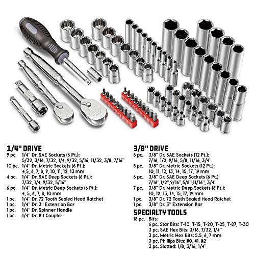 Powerbuilt 642452 80 Piece 1/4-inch and 3/8-inch Drive Mechanics Tool Set - with SAE and Metric Socket Set, 72 Tooth Seal-Head Ratchet, Automotive Tool Kit, including Case - size: 80 Piece