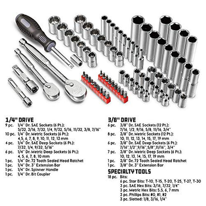Powerbuilt 642452 80 Piece 1/4-inch and 3/8-inch Drive Mechanics Tool Set - with SAE and Metric Socket Set, 72 Tooth Seal-Head Ratchet, Automotive Tool Kit, including Case - size: 80 Piece