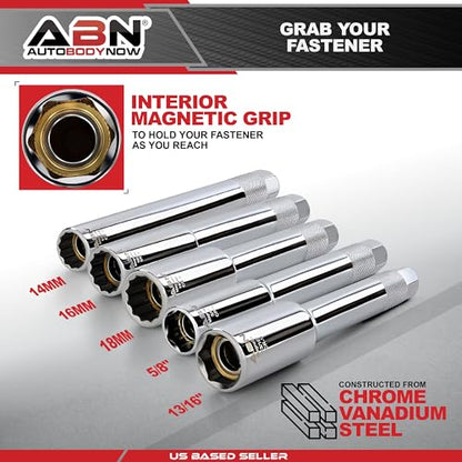 ABN Extra Deep Socket Set 5 Pieces - 3/8 Inch Drive Magnetic Grip Cr-V Deep Well Sockets - 6 Point 5/8 and 13/16in - 12 Point 14, 16 and 18mm