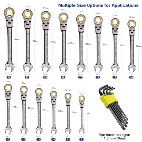 23-Piece Metric Wrench Set, Ratcheting Wrench Set with 8-24 mm Flex-Head Combination Wrenches, 9 Allen Keys, 72-Tooth Cr-V Steel, Nickel Plated, Organizer Bag