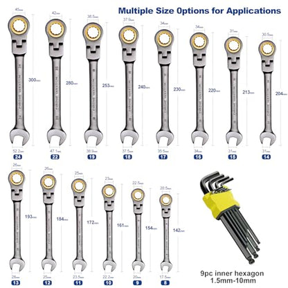 23-Piece Metric Wrench Set, Ratcheting Wrench Set with 8-24 mm Flex-Head Combination Wrenches, 9 Allen Keys, 72-Tooth Cr-V Steel, Nickel Plated, Organizer Bag