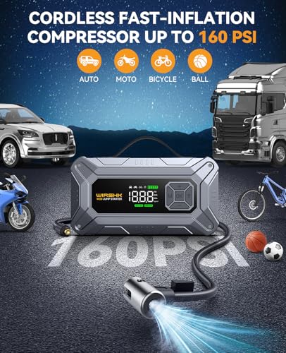 8000A Jump Starter with Air Compressor, 160PSI, 12V | 8000A battery booster and 160PSI tire inflator for roadside emergencies, road trips and camping - size: L-20