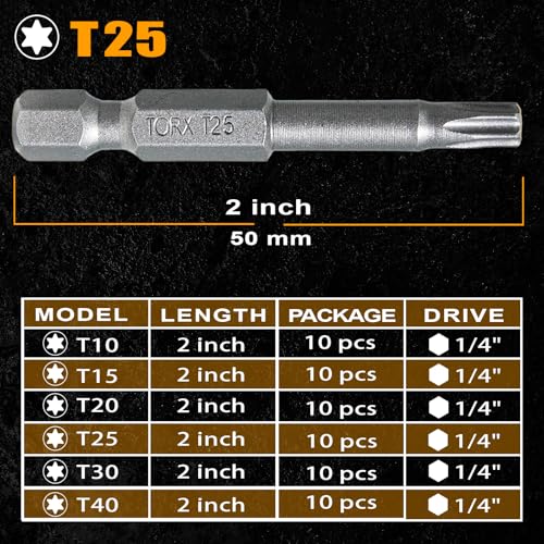 10Pcs T25 Torx Bits Magnetic Set, 2 Inch S2 Steel Star Screwdriver Bits with 1/4" Hex Shank in Storage Box For Impact Driver Ready & Home Repair - size: T25