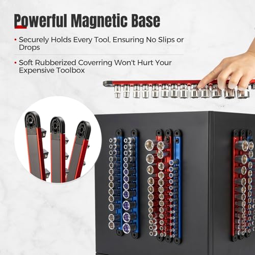6PC Magnetic Socket Organizer Set, 1/2" 3/8" 1/4" Drive | Aluminum Alloy Socket Holder with Removable Socket Clips for Quick Customization, Socket Rail for Tool Box Drawer